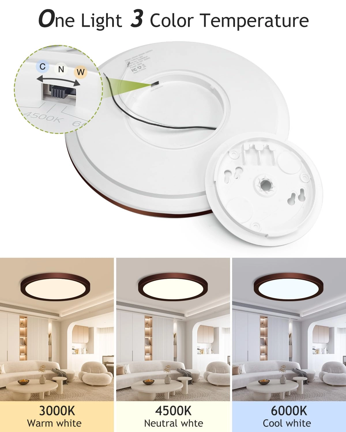 Flush Mount LED Ceiling Light - 3000K 4500K 6000K Dimmable