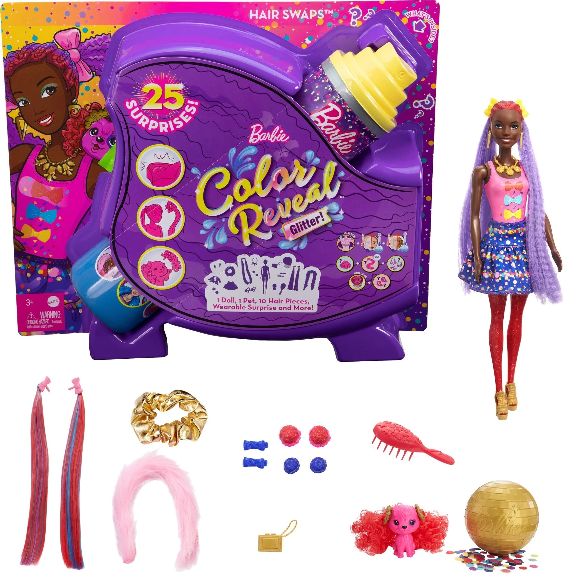 Barbie Color Reveal Glitter! Hair Swaps Doll - Glittery Blue 25 Hairstyling & Party-Themed Surprises Ages 3+