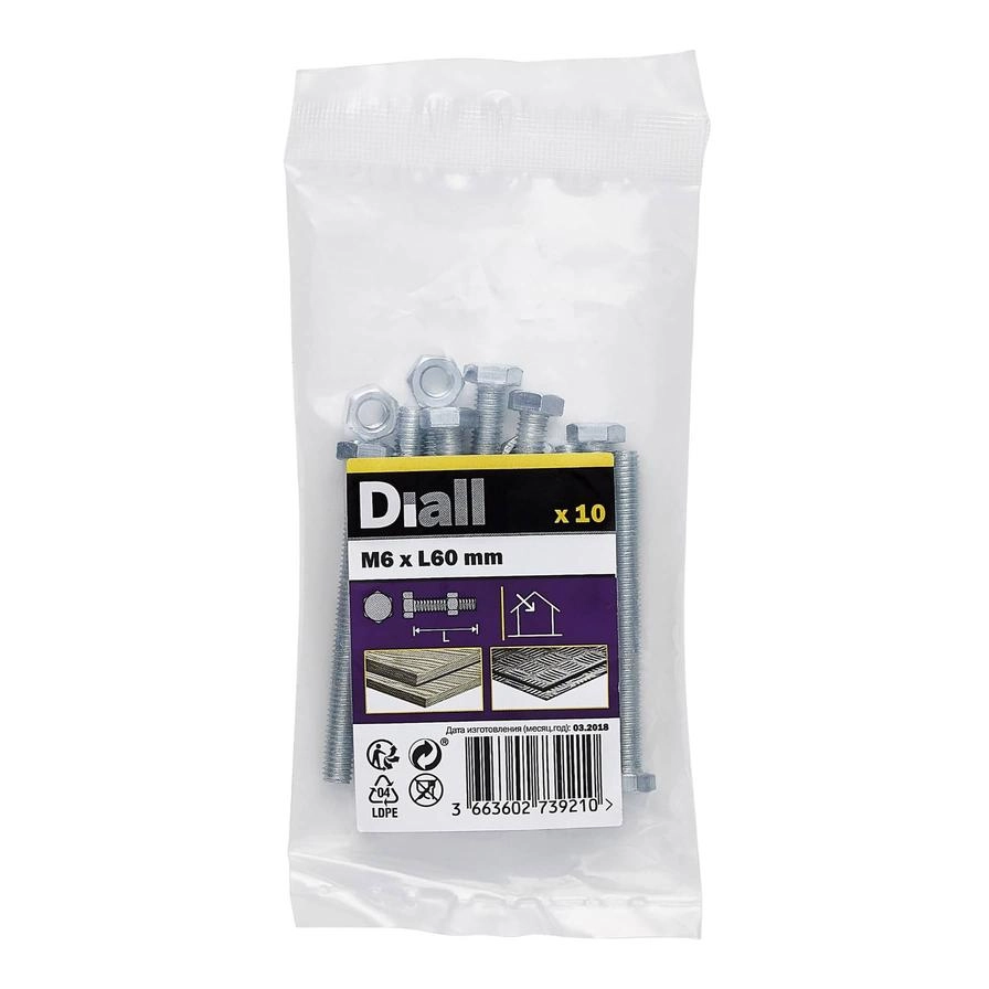 Diall Zinc-Plated Carbon Steel Hex Bolt & Nut Pack 6mm 60mm