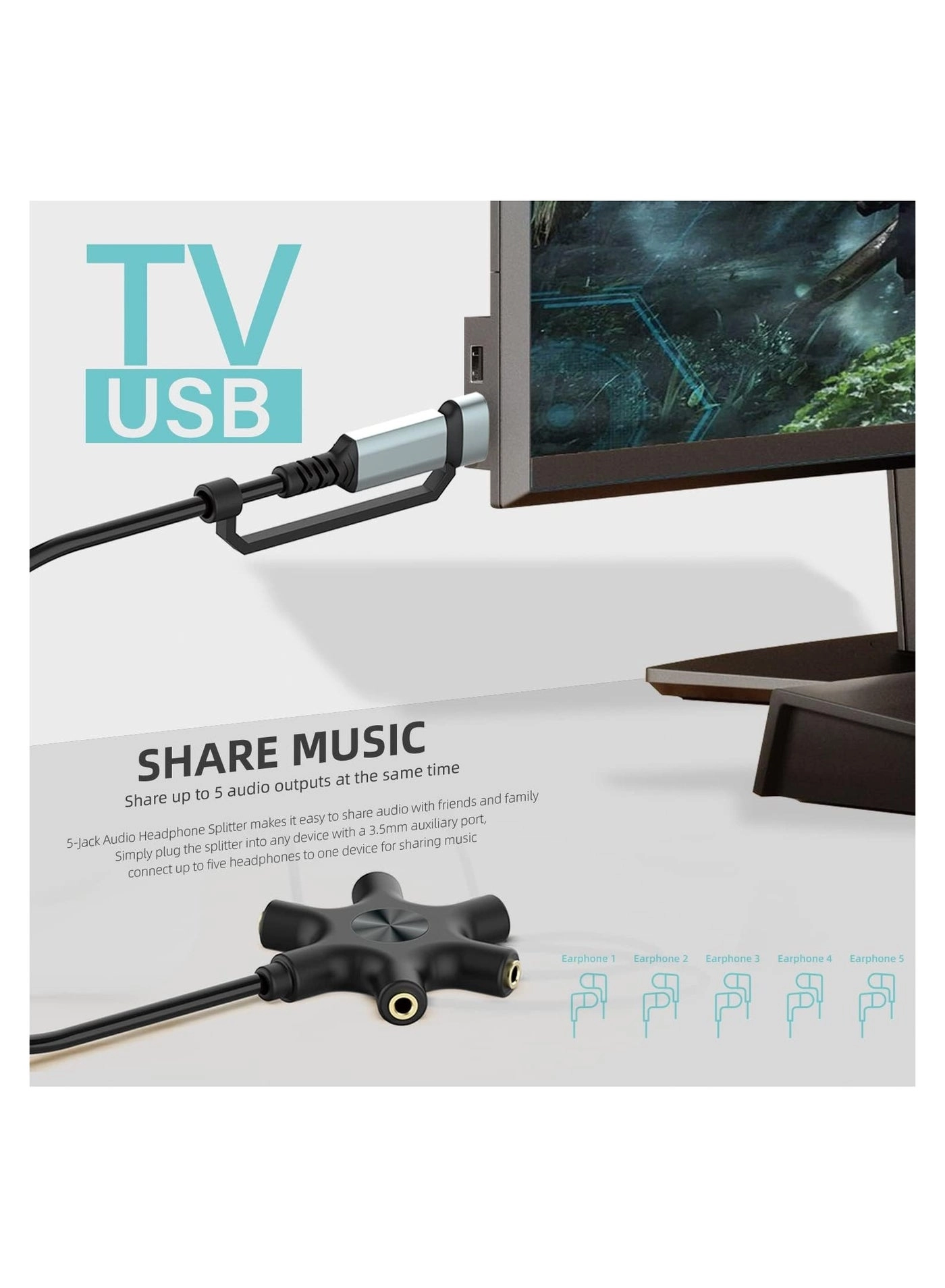 Headphone Splitter - 5-Jack 3.5mm USB Type-C