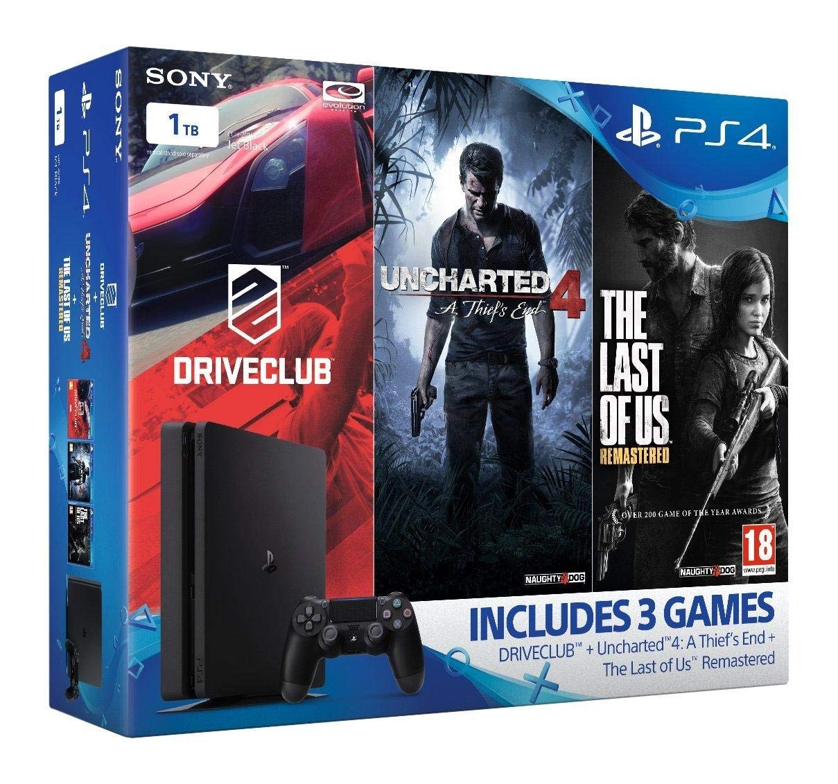 Sony PlayStation 4 - 1TB Slim + Uncharted 4: A Thief's End + The Last of Us Remastered + DRIVECLUB + DUALSHOCK 4 - Wireless