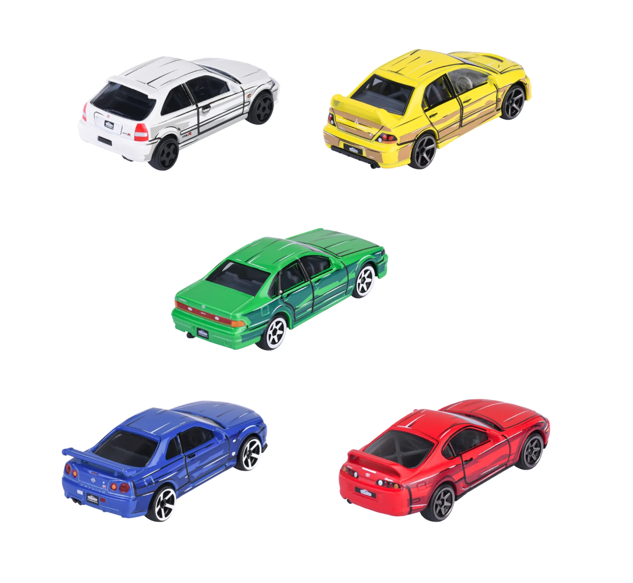 Civic Type R EK9 + Cefiro A31 + Skyline GT-R R34 + Supra JZA80 + Lancer Evolution 9 - 1:64 diecast