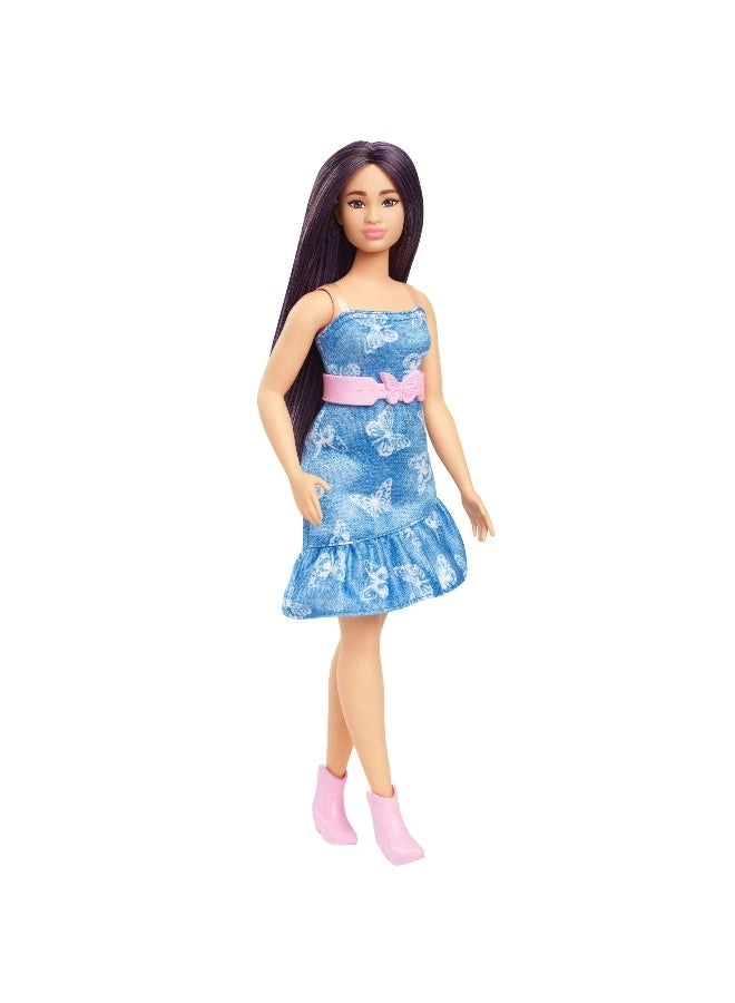Barbie Fashionistas Doll #231 - Purple Hair Strapless Denim Butterfly Print Dress Pink Belt and Boots Ages 3+