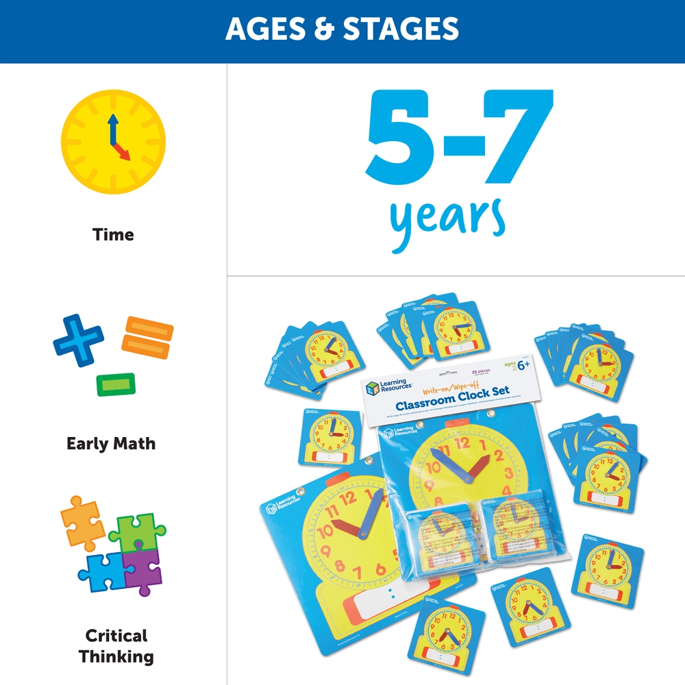 Write And Wipe Clocks Classroom Set - Suitable for 6 years and above 25 Pcs
