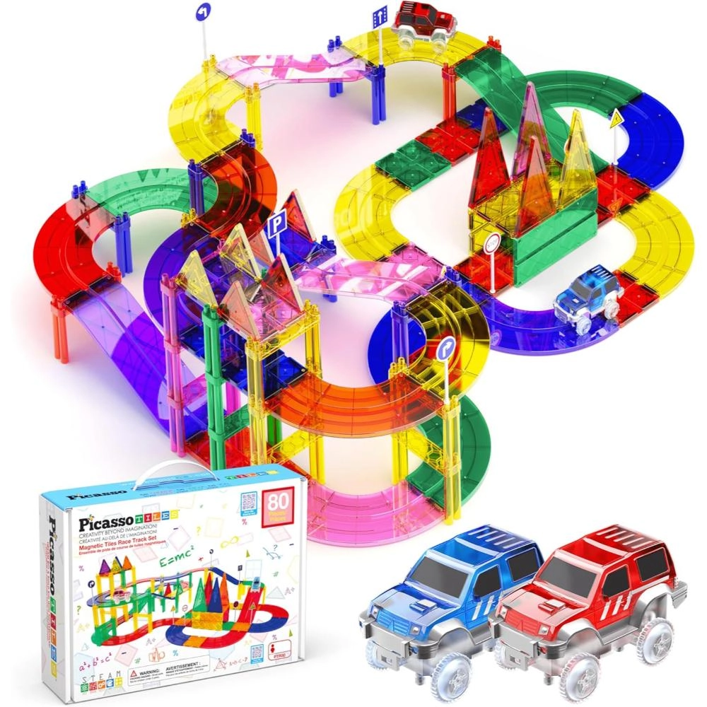 PicassoTiles Magnetic Tiles Race Track Set - Multicolor LED cars