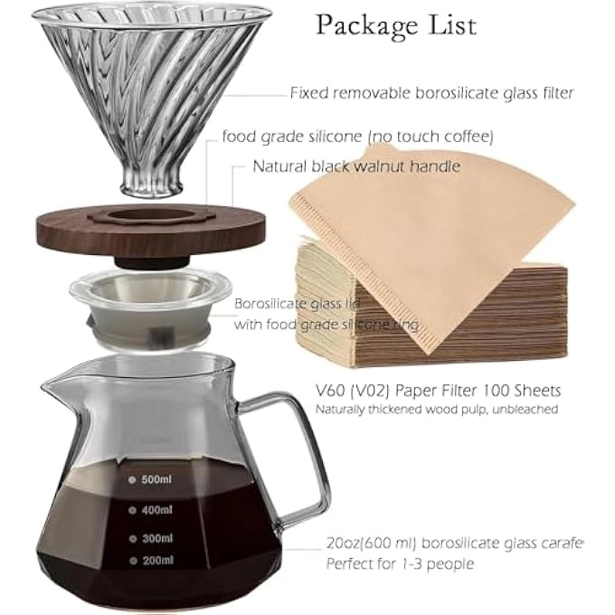 Pour Over Coffee Maker - 20 Oz Borosilicate Glass 100 Pcs V60 Paper Filter