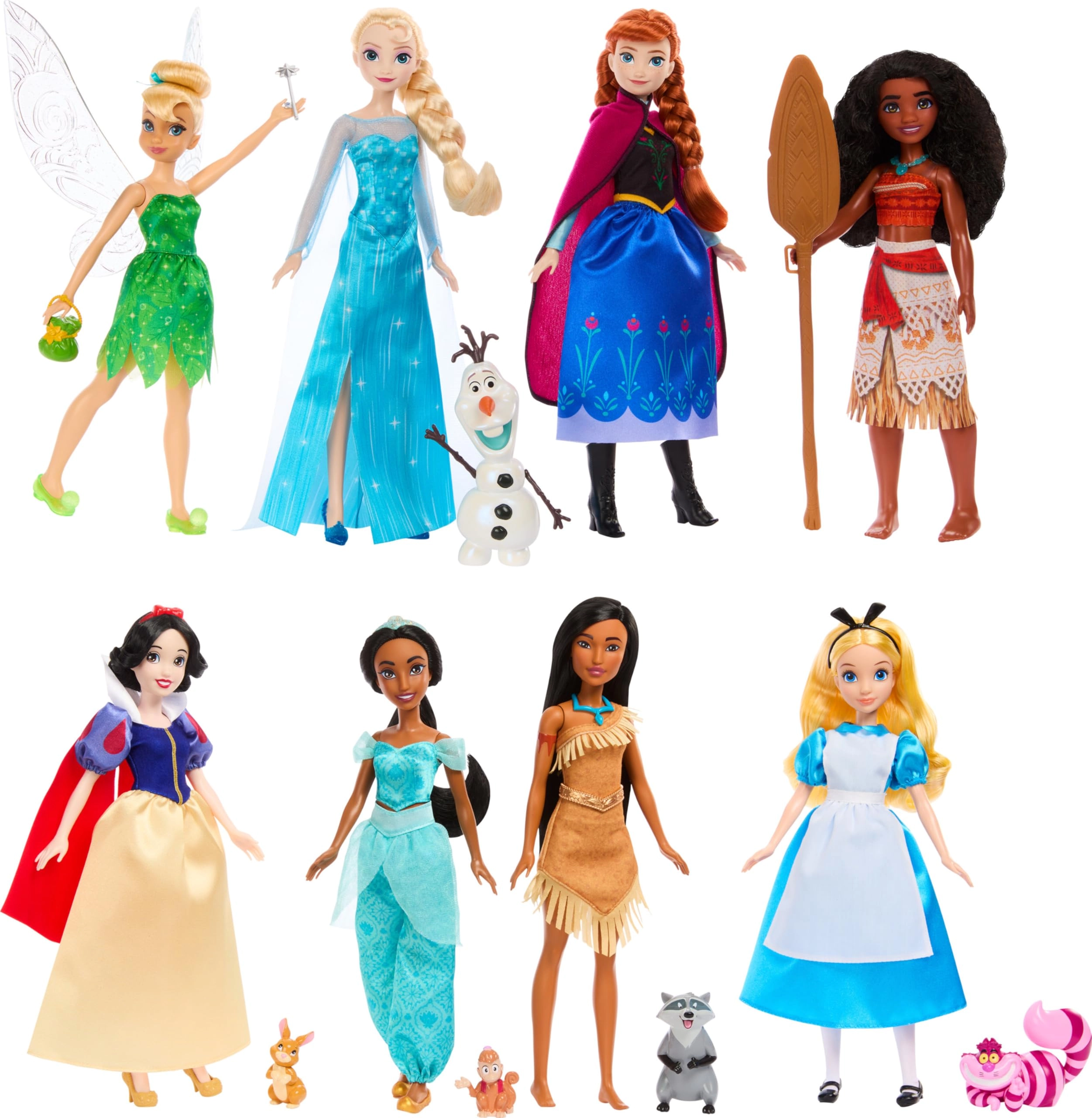 Mattel Snow White Fashion Doll + Alice in Wonderland Fashion Doll + Tinker Bell Fashion Doll + Jasmine Fashion Doll + Pocahontas Fashion Doll + Anna Fashion Doll + Elsa Fashion Doll + Moana Fashion Doll