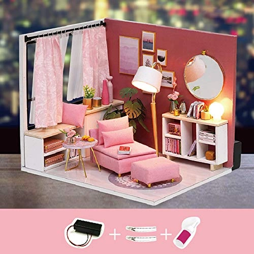 DIY Miniature Dollhouse Kit - 3D Pink LED Lights