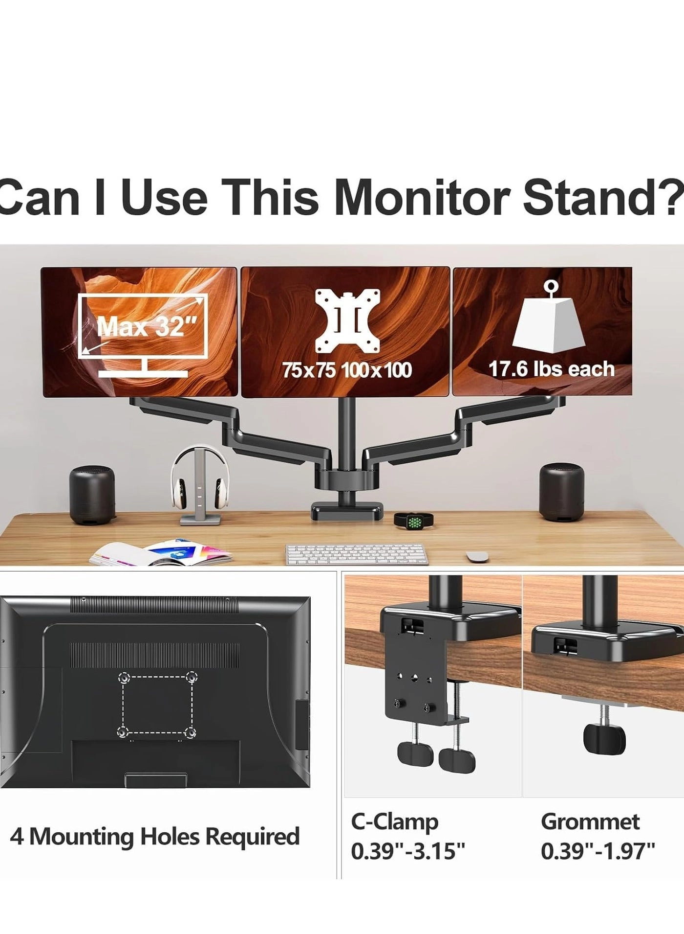 Triple Monitor Desk Mount - 3 32 Inches 75x75mm 100x100mm