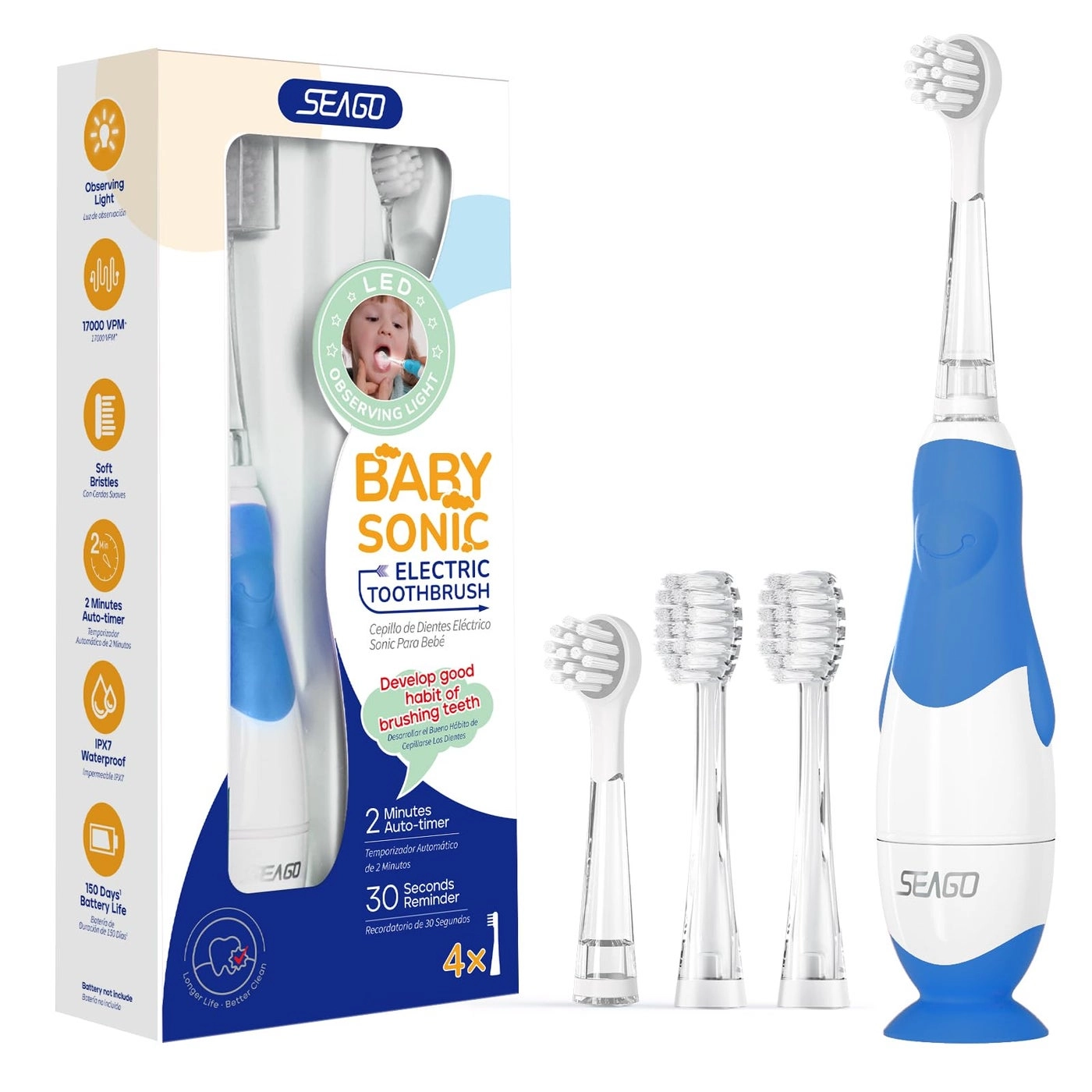 seago Toddler Electric Toothbrushes - 4 Brush Heads Smart Timer Suction Base