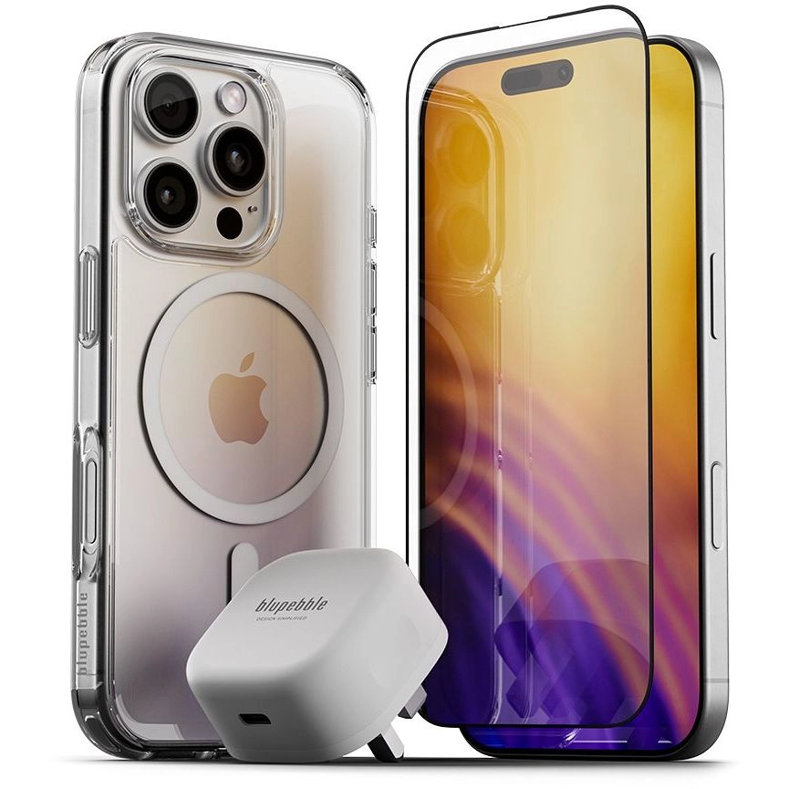 blupebble Crystal Clear Case with MagSafe + Clear Rock Graphene Tempered Glass + 30W Gan Charger for iPhone 16 Pro Max