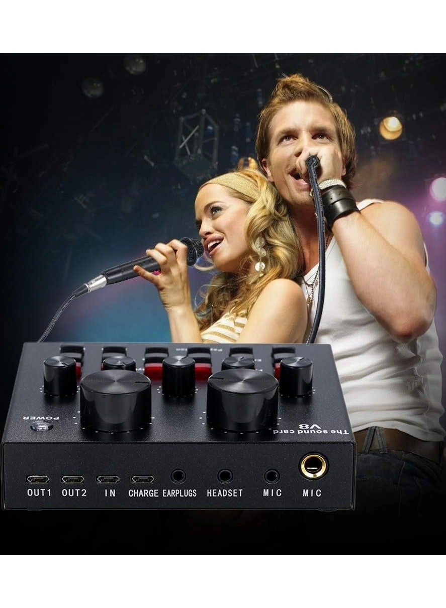 Condenser Microphone + V8S Live Sound Card Wireless+USB+3.5mm-Mini-Jack Microphone