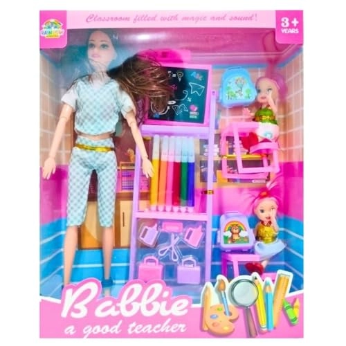 Teacher Doll - Folding Hands + Baby Dolls - 2 + Study Table - 2 + Study Board - 1 Ages 3+