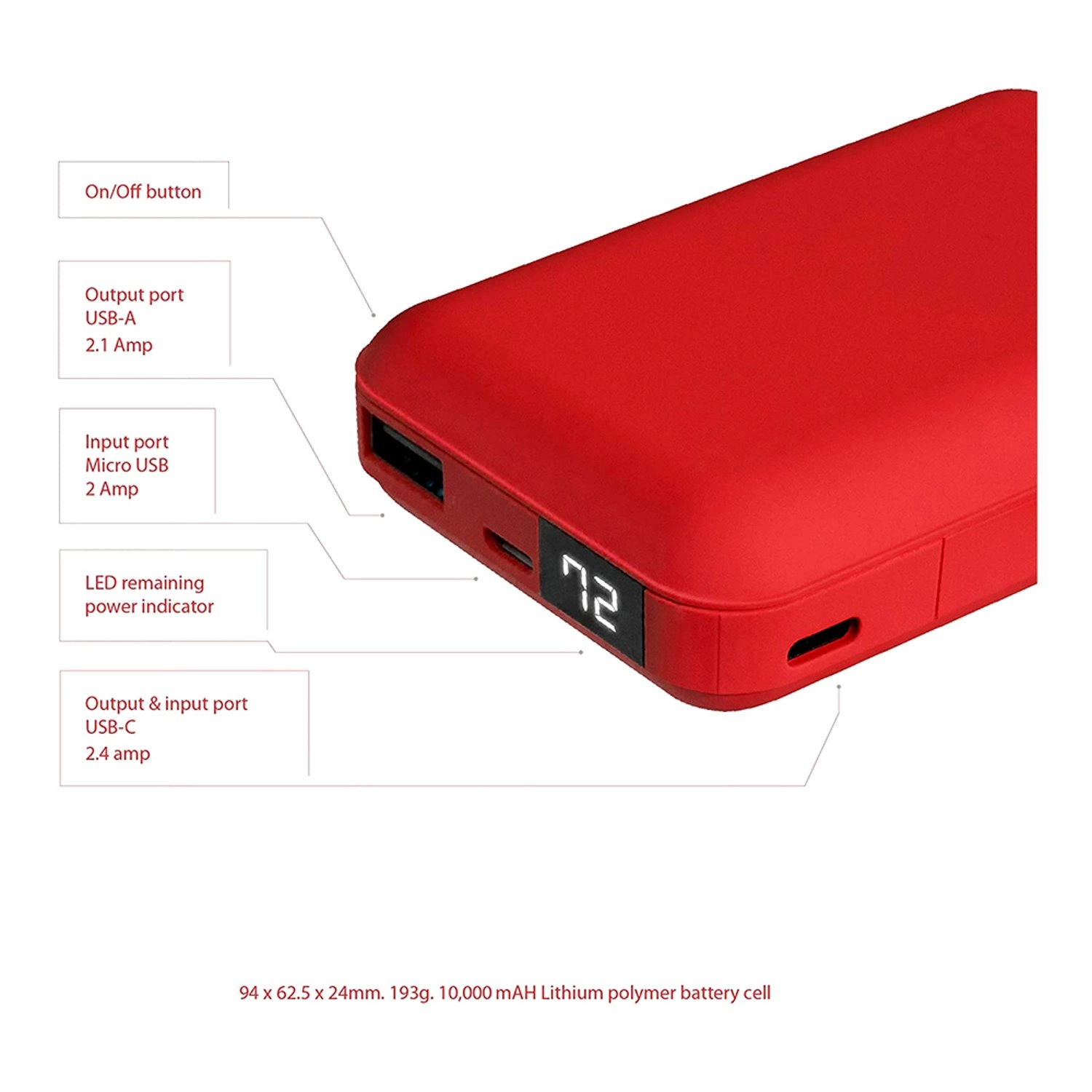 JUI-PBANK-3-RED - 10000 mAh DC 5V/2. 4A