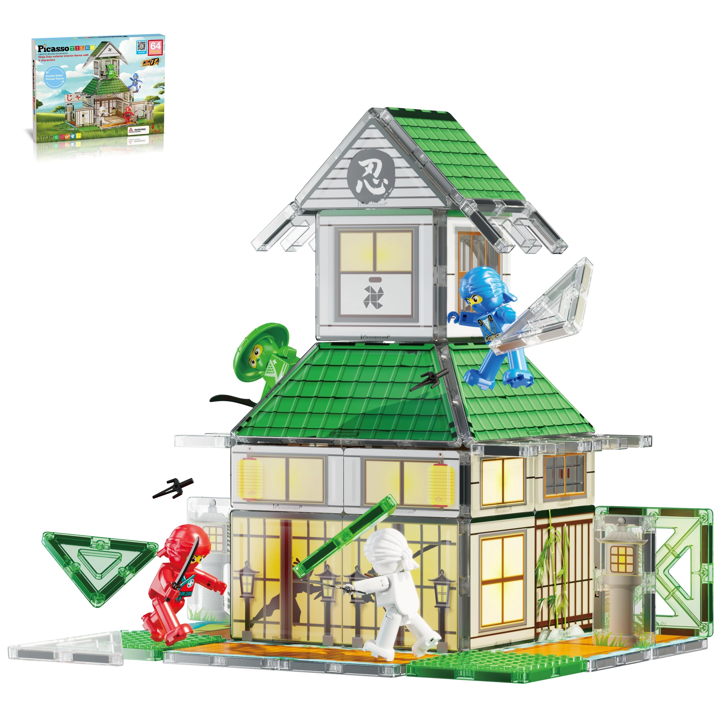PicassoTiles Magnet Tile Building Blocks - 4 Character Action Figure Ninjas Ninja Dojo House 64 pcs