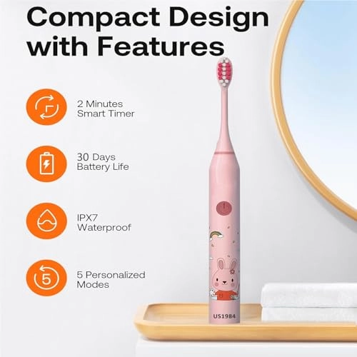 Kids Sonic Tooth Brush - 5 Modes 3 Brush Heads Rechargeable