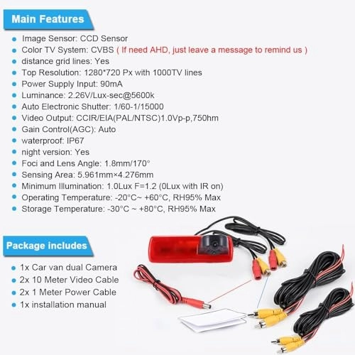 Reversing Camera + LCD Colour Display Monitor - Night vision AHD video signal or CVBS signal 1280 x 720 pixels