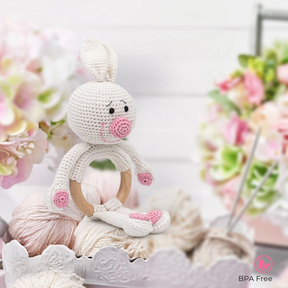 Handcrafted Crochet Toy With Teething Ring - premium cotton yarn