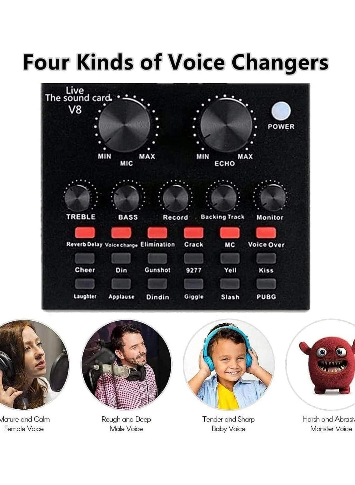 Condenser Microphone + V8S Live Sound Card Wireless+USB+3.5mm-Mini-Jack Microphone