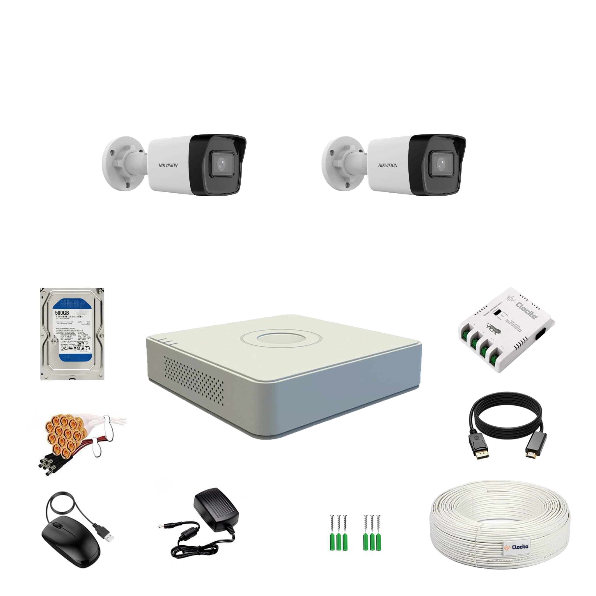 Prama Hikvision India Pvt.Ltd 4CH DVR + 2MP Bullet Camera - Day/Night Vision + 500GB HDD + Coaxial Cable + 4CH SMPS