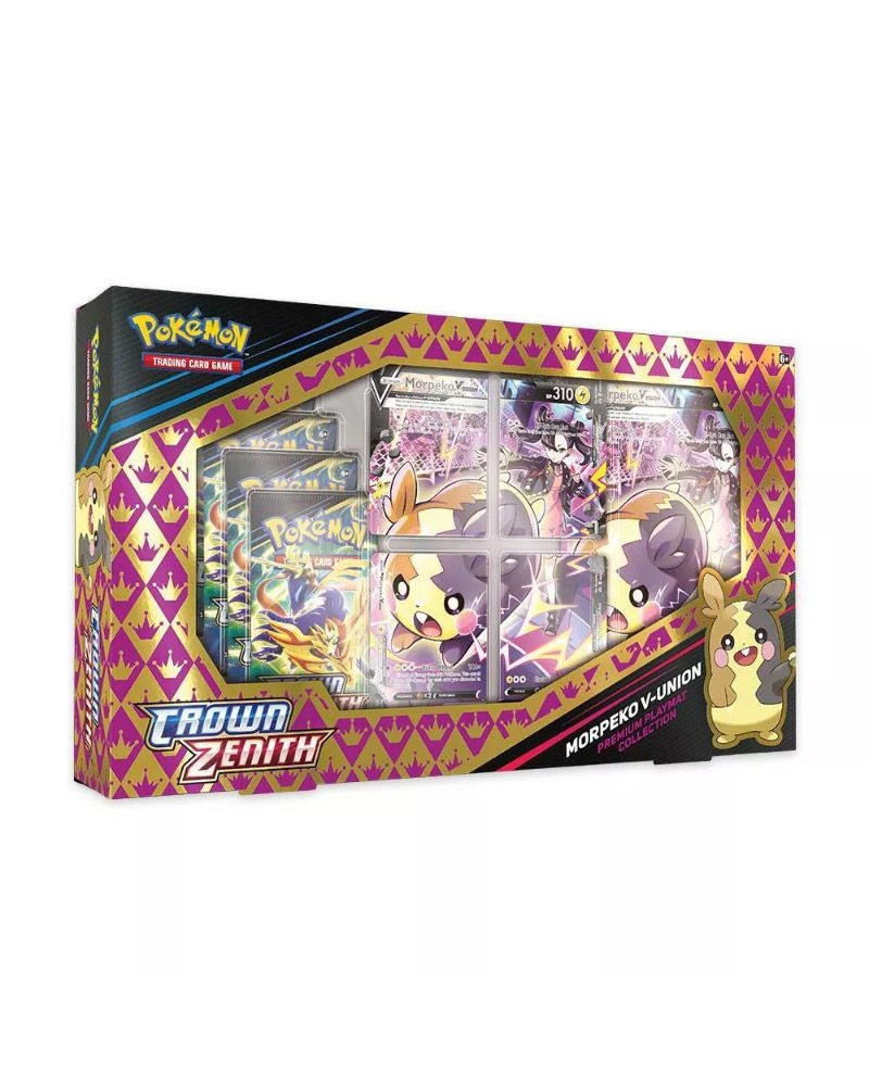 Pokémon Crown Zenith Premium Playmat Collection - 5 Crown Zenith booster packs + Morpeko V-UNION - 4 etched promo cards