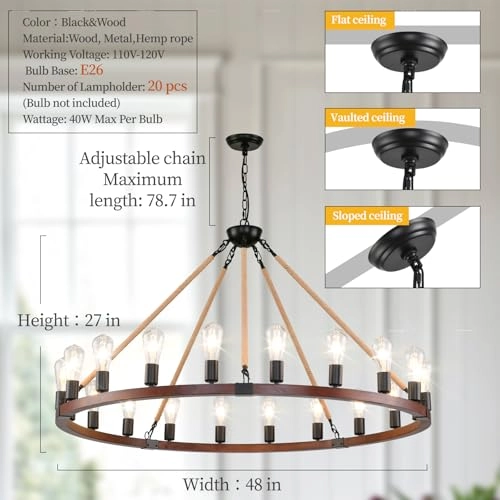 Wagon Wheel Chandelier - 48-Inch 20-Light Wood