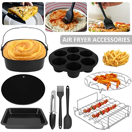 Air Fryer Loaf Pan + Air Fryer Pizza Pan + Steamer Rack + Skewer Rack + Egg Bite + Silicone Mat + Oil Brush + Silicone Spatula + Food Tong - Food-safe Grade Silicone, 304 Stainless Steel 9 piece(s)