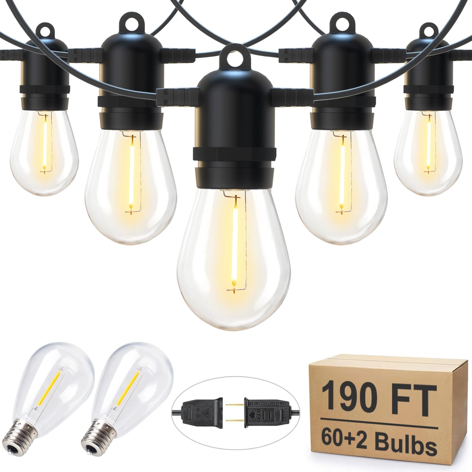 brightown 190FT Outdoor String Lights - 62 S14 Vintage Edison Bulbs Waterproof 2700K