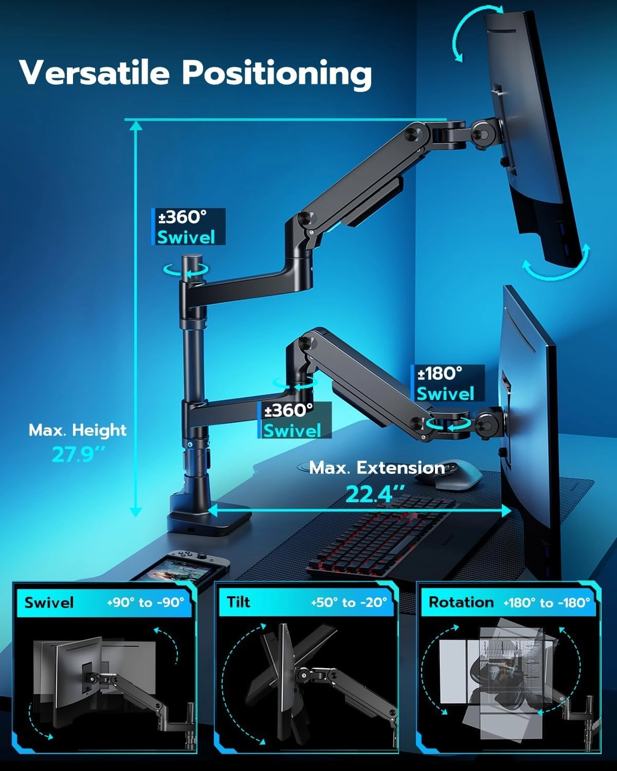 Dual Monitor Mount - 2 Monitors 17-35 Inch VESA 75x75 or 100x100mm