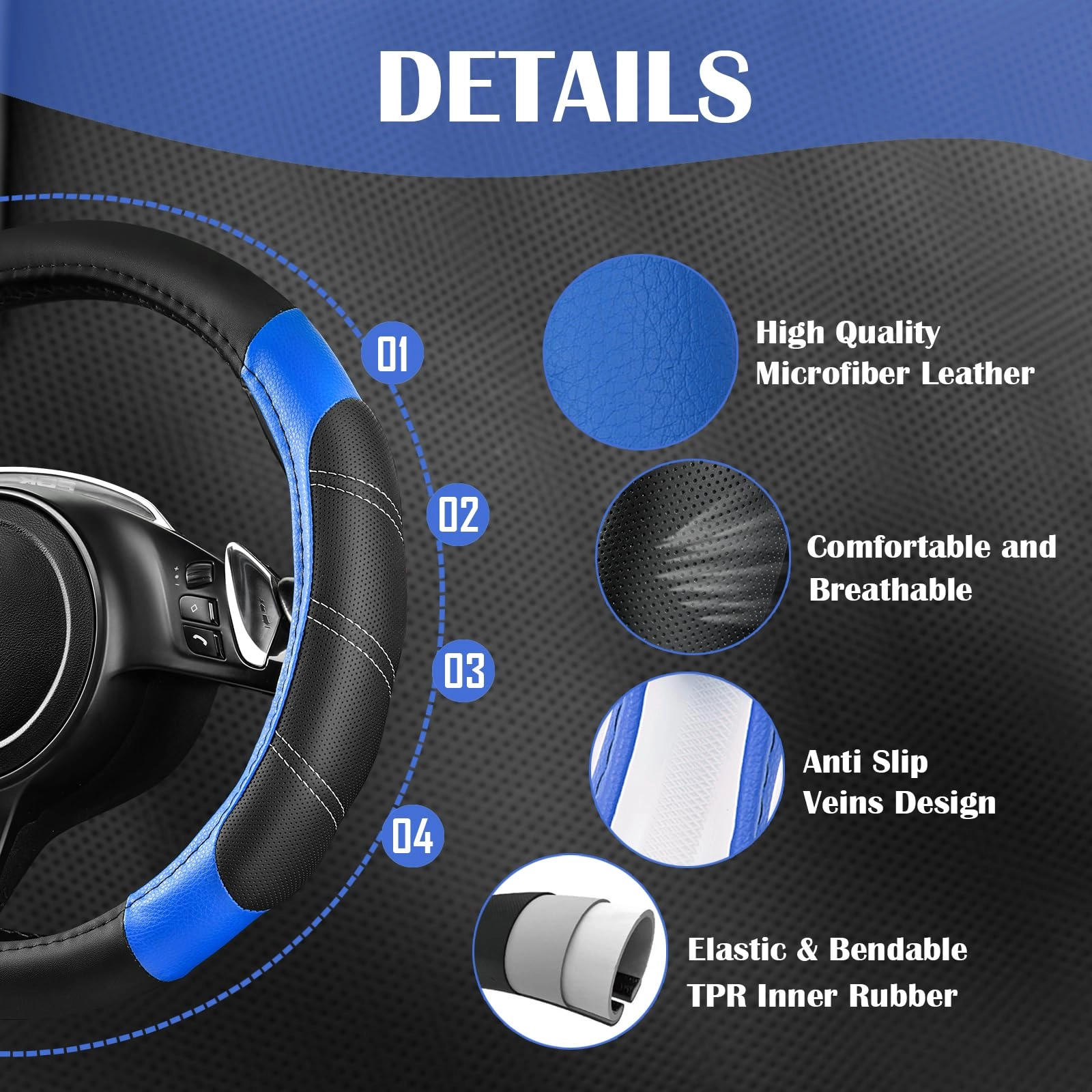Car Seat Covers - Air Mesh Leather + Car Floor Mats - Waterproof + Steering Wheel Cover - Sporty