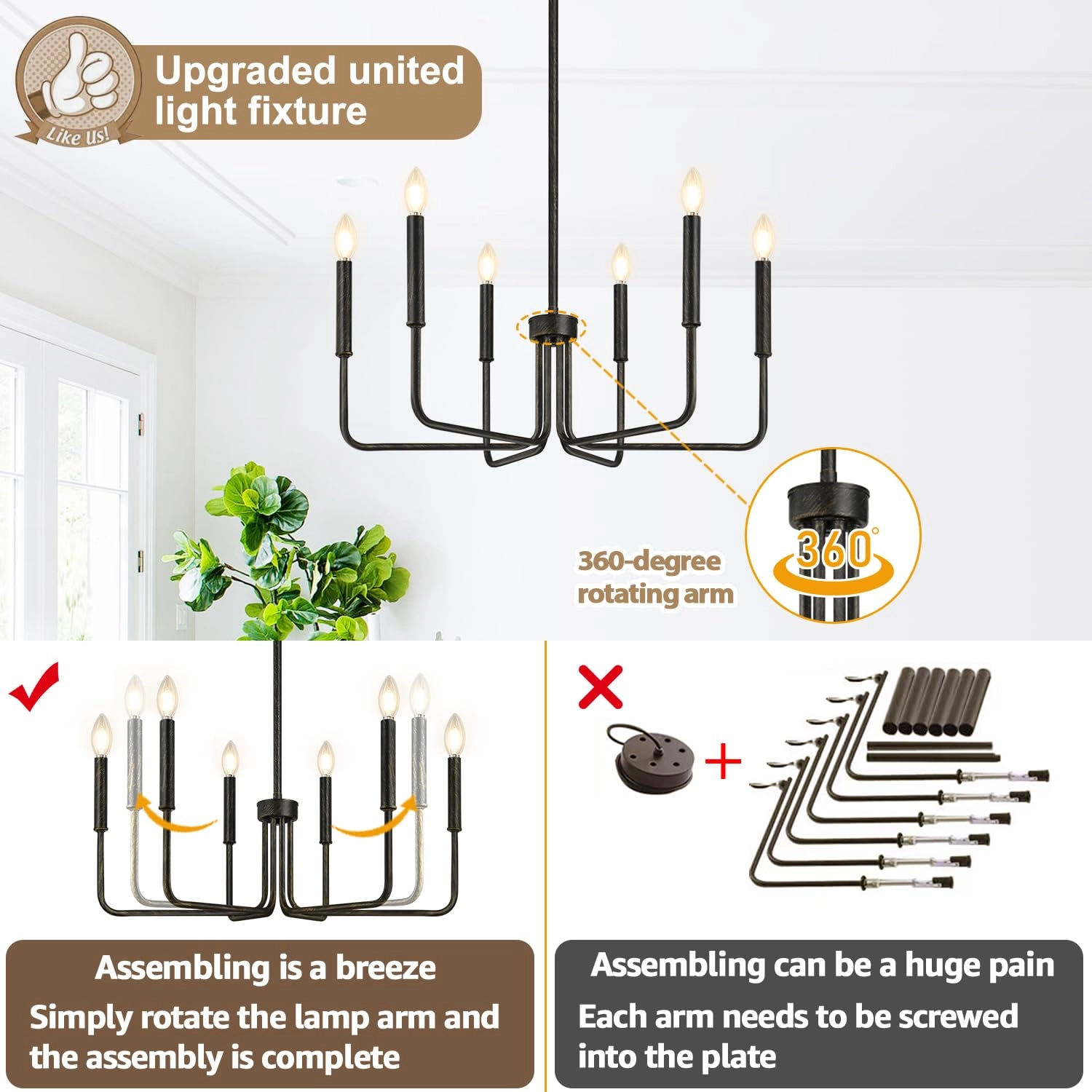 6-Light Farmhouse Chandelier - Black Indoor