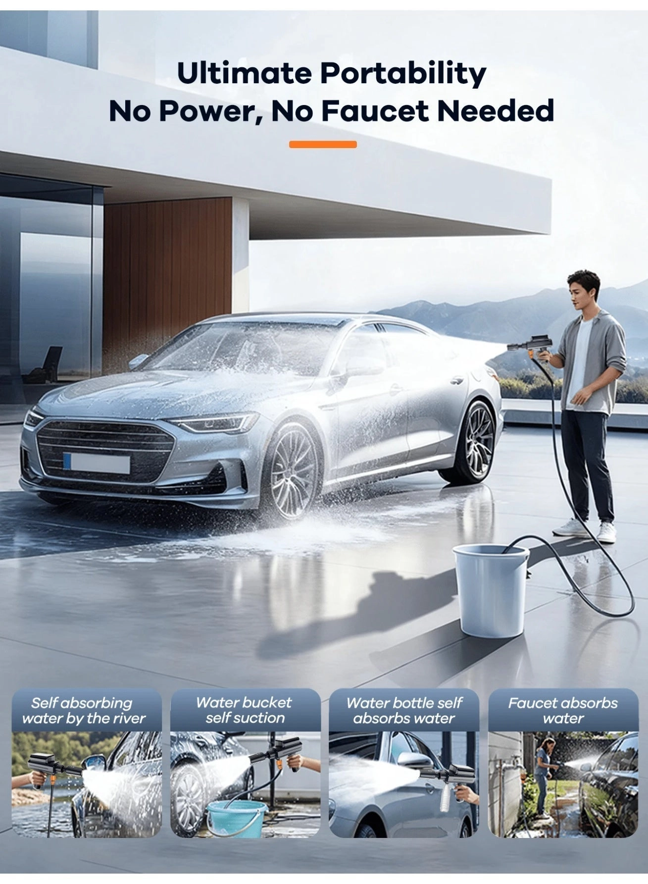 Portable High-Pressure Car Wash Machine - 450W 4000-4999mAh + Collapsible Water Tank - 5.5 Gallon 22L