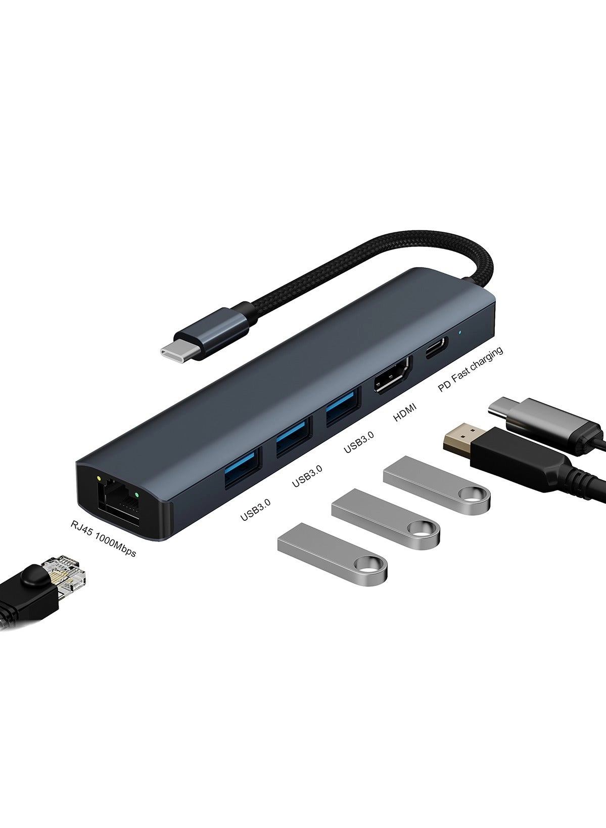 HouDeOS USB-C Hub - 6-in-1 4K PD100W Ethernet