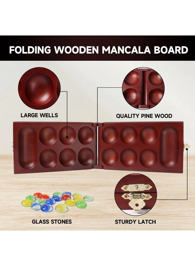 Folding Wooden Mancala - Multi-Color Glass Stones Storage Bag