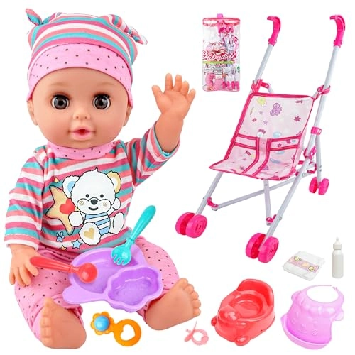 SMILESSKIDDO Baby Doll - 14Inch Soft Body + Stroller - Metal Foldable