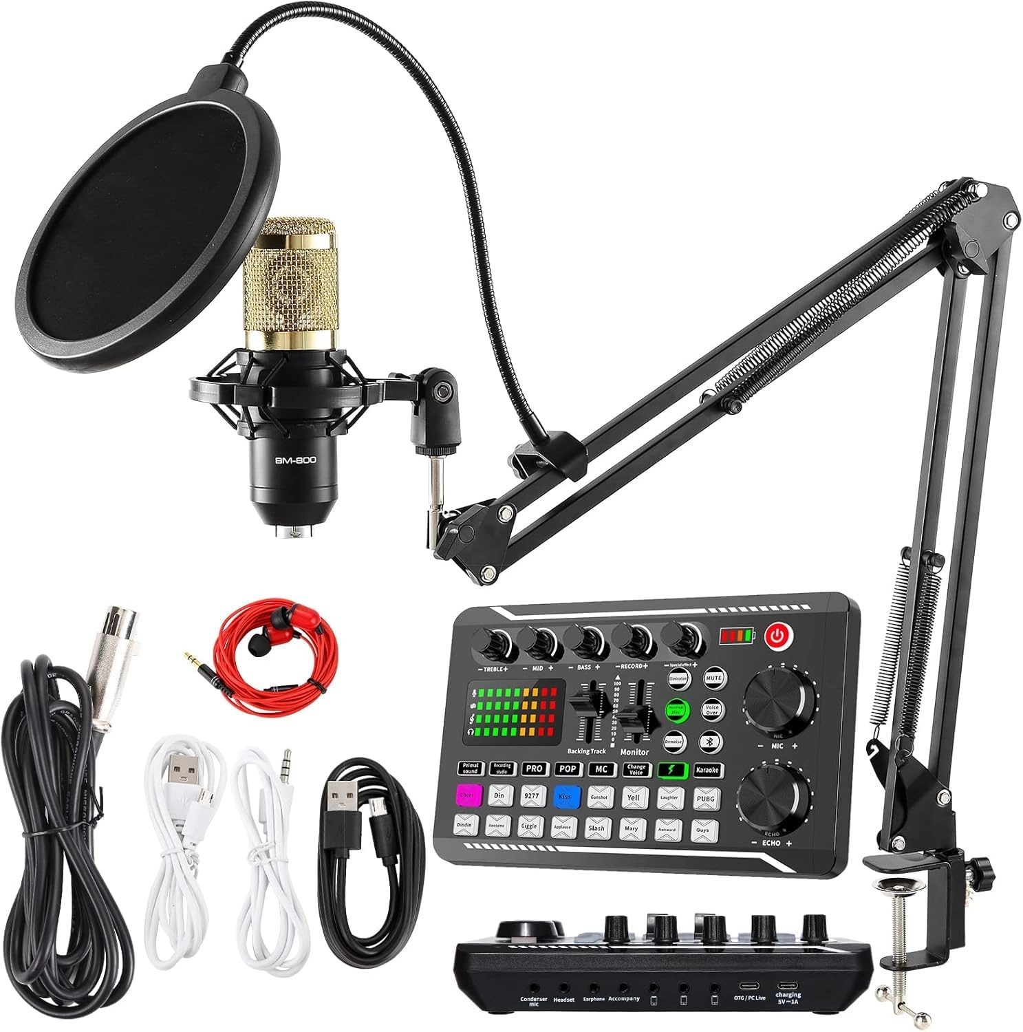 Nnewvante BM-800 + F998 + Earbuds + Desktop Mic Stand + Data Cables Wired Microphone Bundle