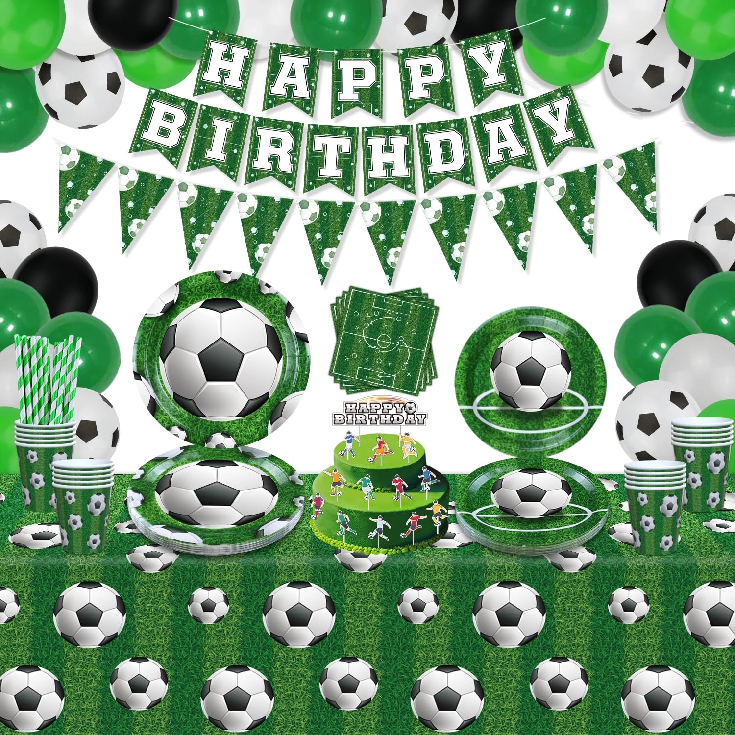 lkitmiut Dinner Plates + Dessert Plates + Football Napkins + Paper Cups + Latex Balloons + Cupcake Toppers + Football Tablecloth + Football Birthday Banner + Triangle Banner + Dark Green Ribbon + Dot Glue + Balloon Chain - 149 Pack Birthday