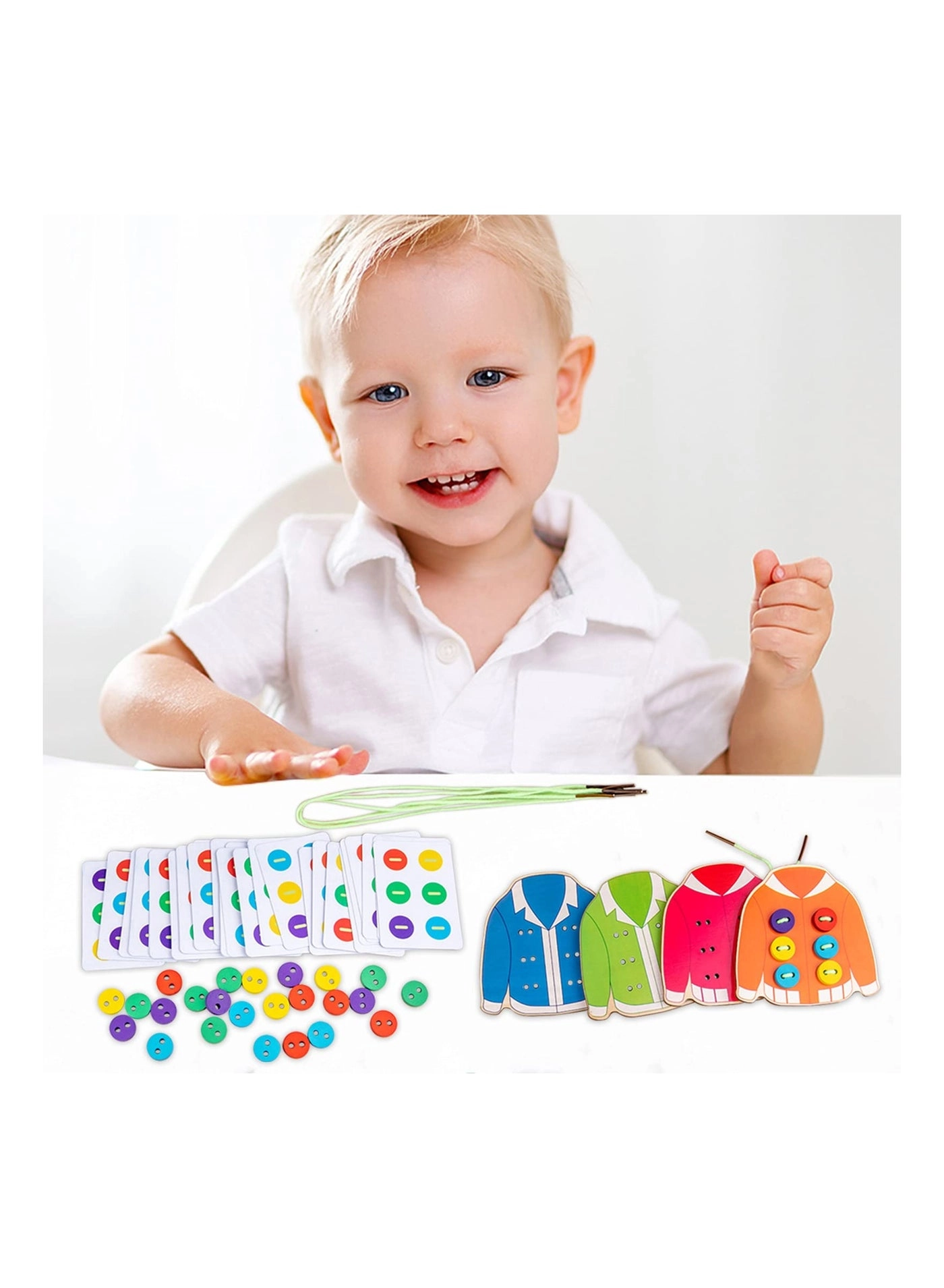 Wooden Lacing Toys - Ages 3-5 4 wooden clothes 4 ropes 24 buttons 30 tips cards