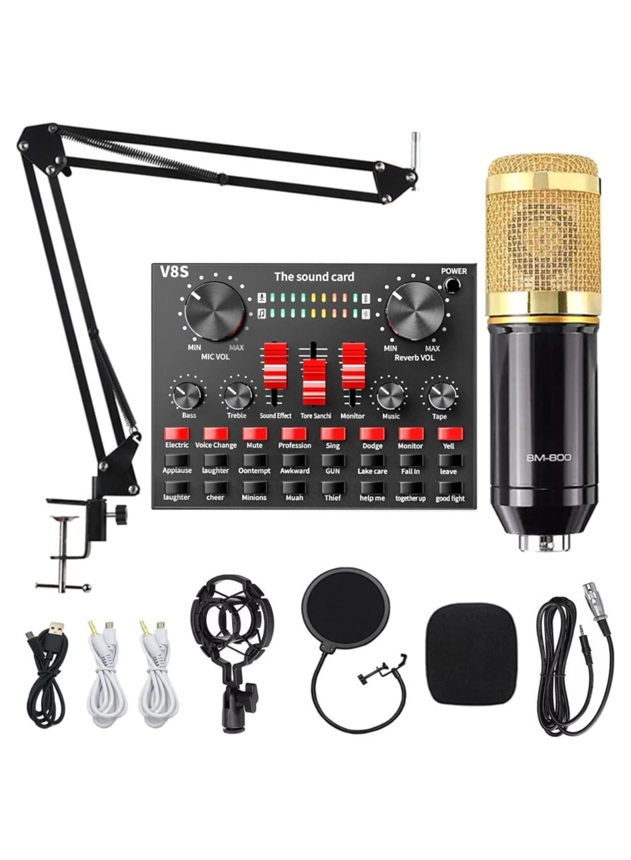 Condenser Microphone + V8S Live Sound Card Wireless+USB+3.5mm-Mini-Jack Microphone