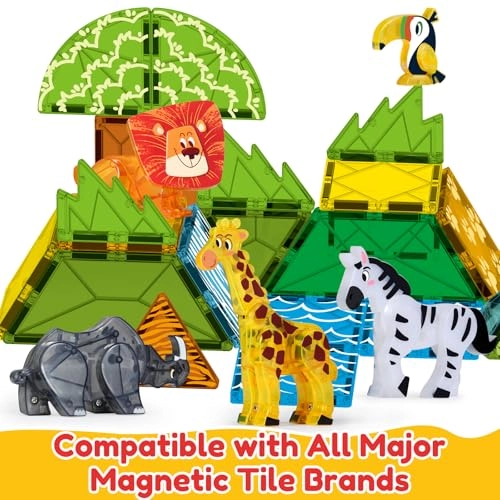 Safari Animal Magnet Tiles - Lion Giraffe Zebra Rhino Hornbird 5 pcs