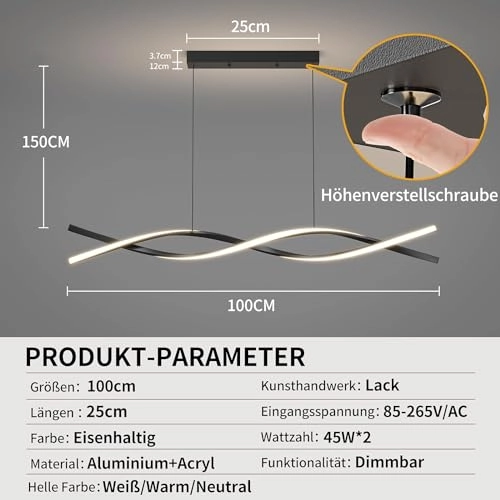 Dining Table Lamp - 100cm Black Dimmable Remote Control