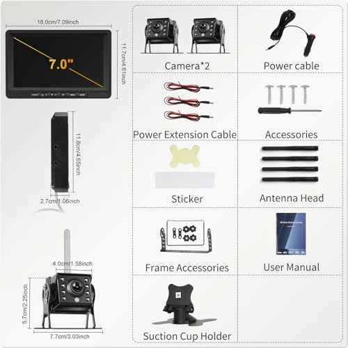 7 Inch TFT LCD Monitor - Wireless + Rear View Camera - Night vision 720P