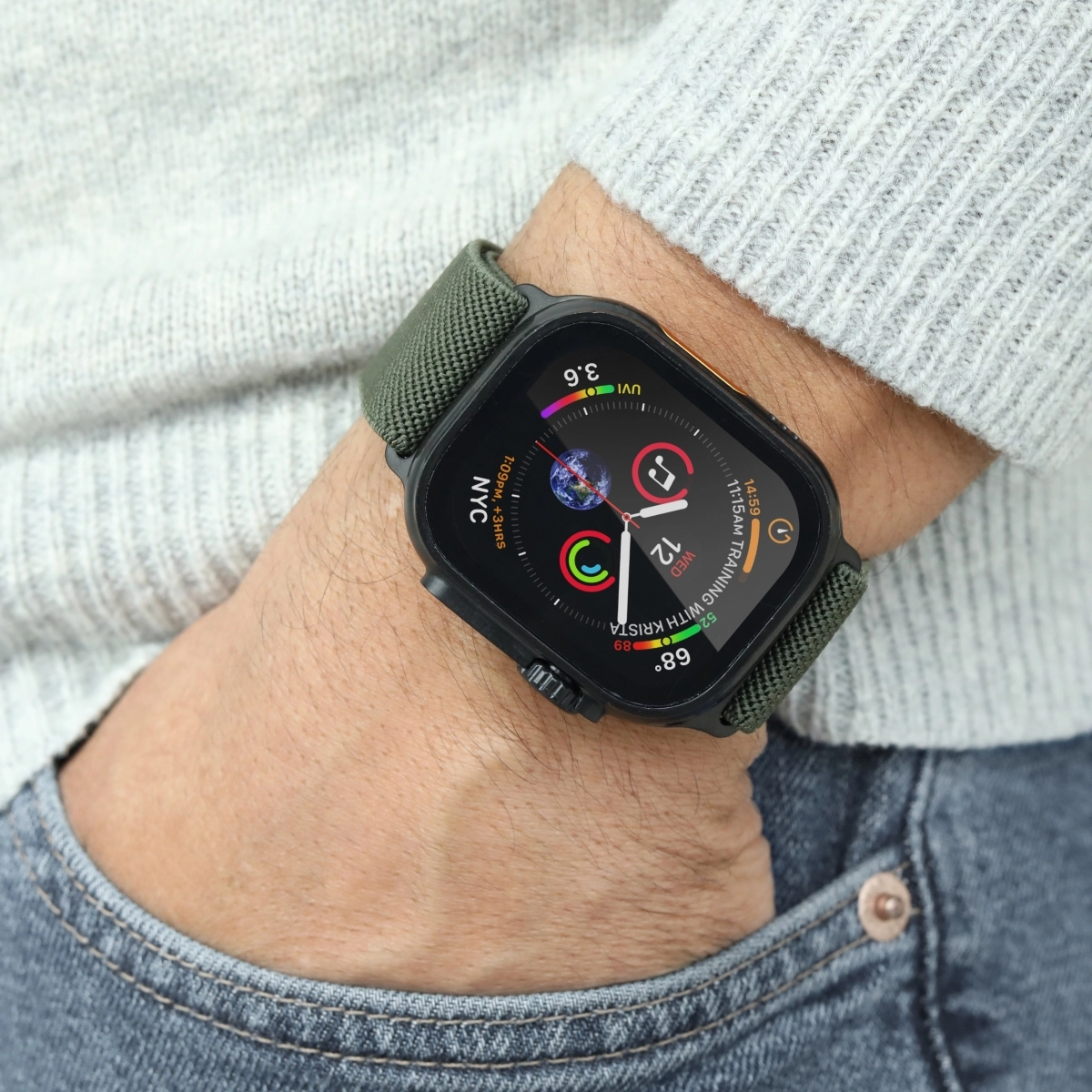 Watch Band for Apple Watch 44/45/46/49mm - Nylon Stepless adjustable clasp Olive Black One Size