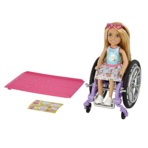 Chelsea Doll - Blonde Skirt Sunglasses + Wheelchair - Rolling Wheels + Ramp + Sticker Sheet Ages 3+