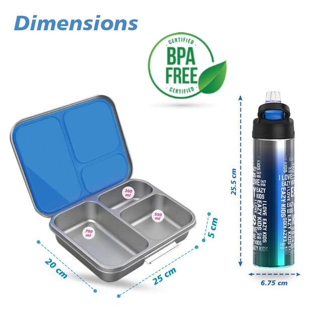 3 Compartment Bento Steel Lunch Box - 1750ml + Stainless Steel Water Bottle - 530ml