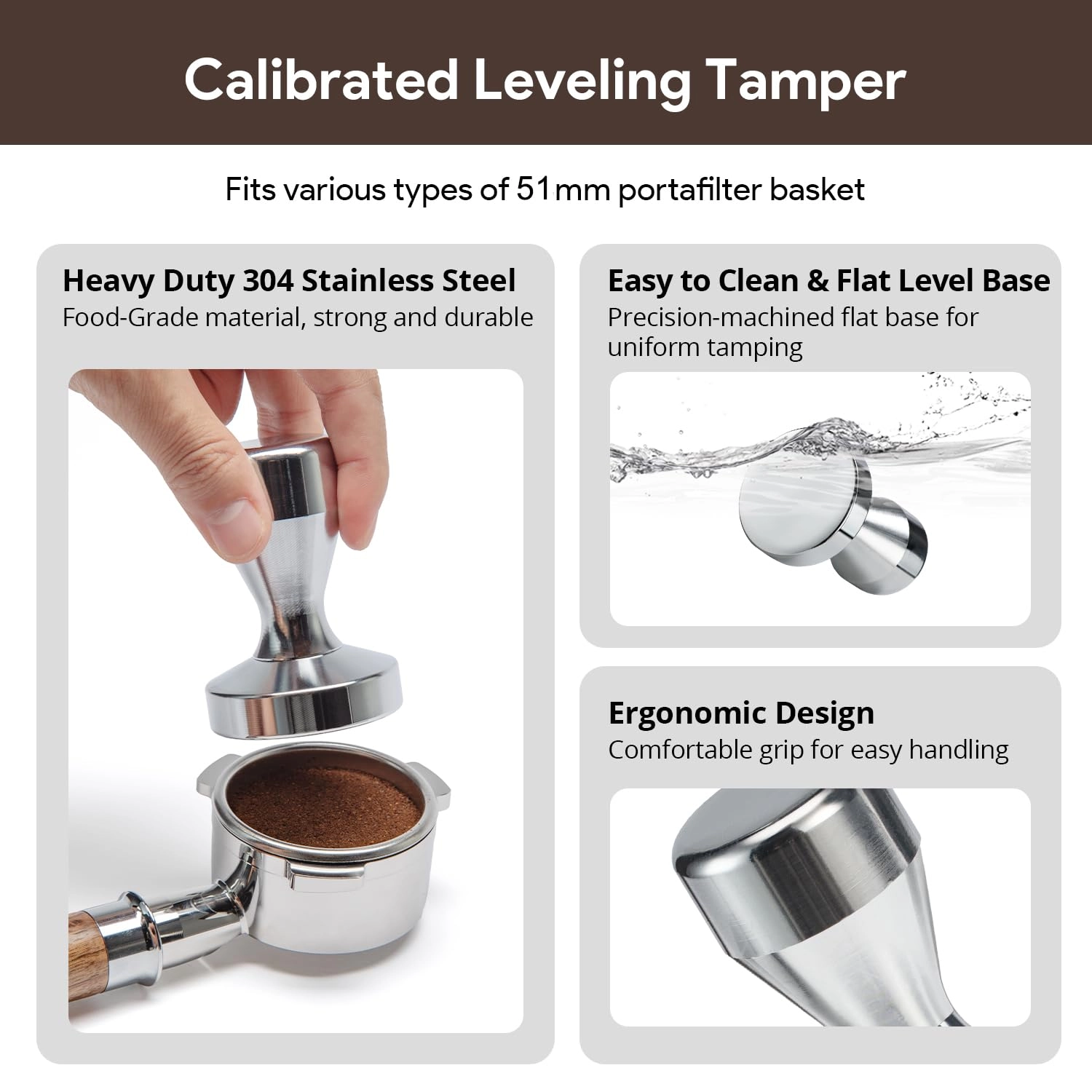 Coffee Tamper - 51mm + Tamper Mat + Milk Frother Jug - Stainless Steel + WDT Tool - 316 + Espresso Spoon + Latte Art Pen + Cappuccino Stencils - 16-Piece