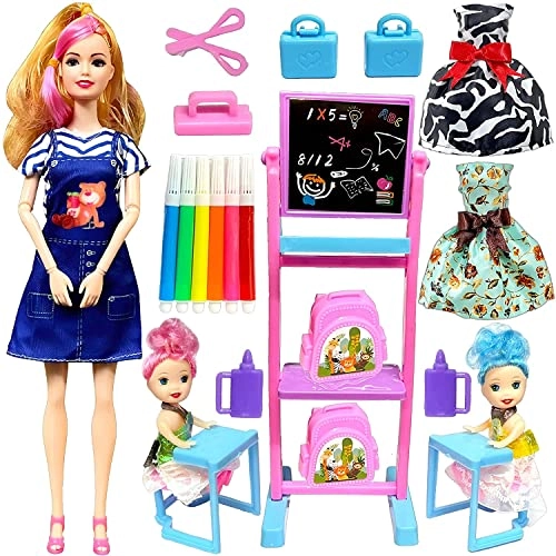 Teacher Doll - Folding Hands + Baby Dolls - 2 + Study Table - 2 + Study Board - 1 Ages 3+