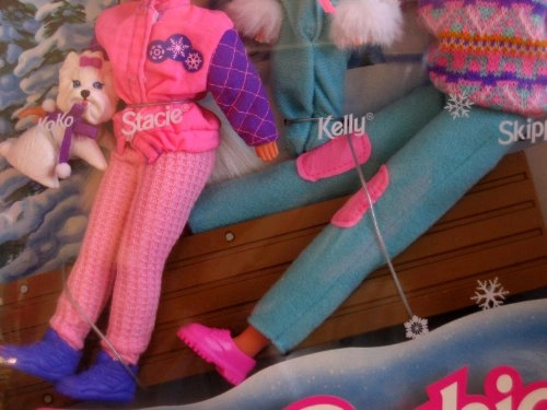 Barbie Doll - 11.5" + Stacie Doll - 7.5" + KOKO Dog - 2" + Kelly Doll - 4.5" + Skipper Doll - 10.5" + Sled - 9.5" + Hair Brush