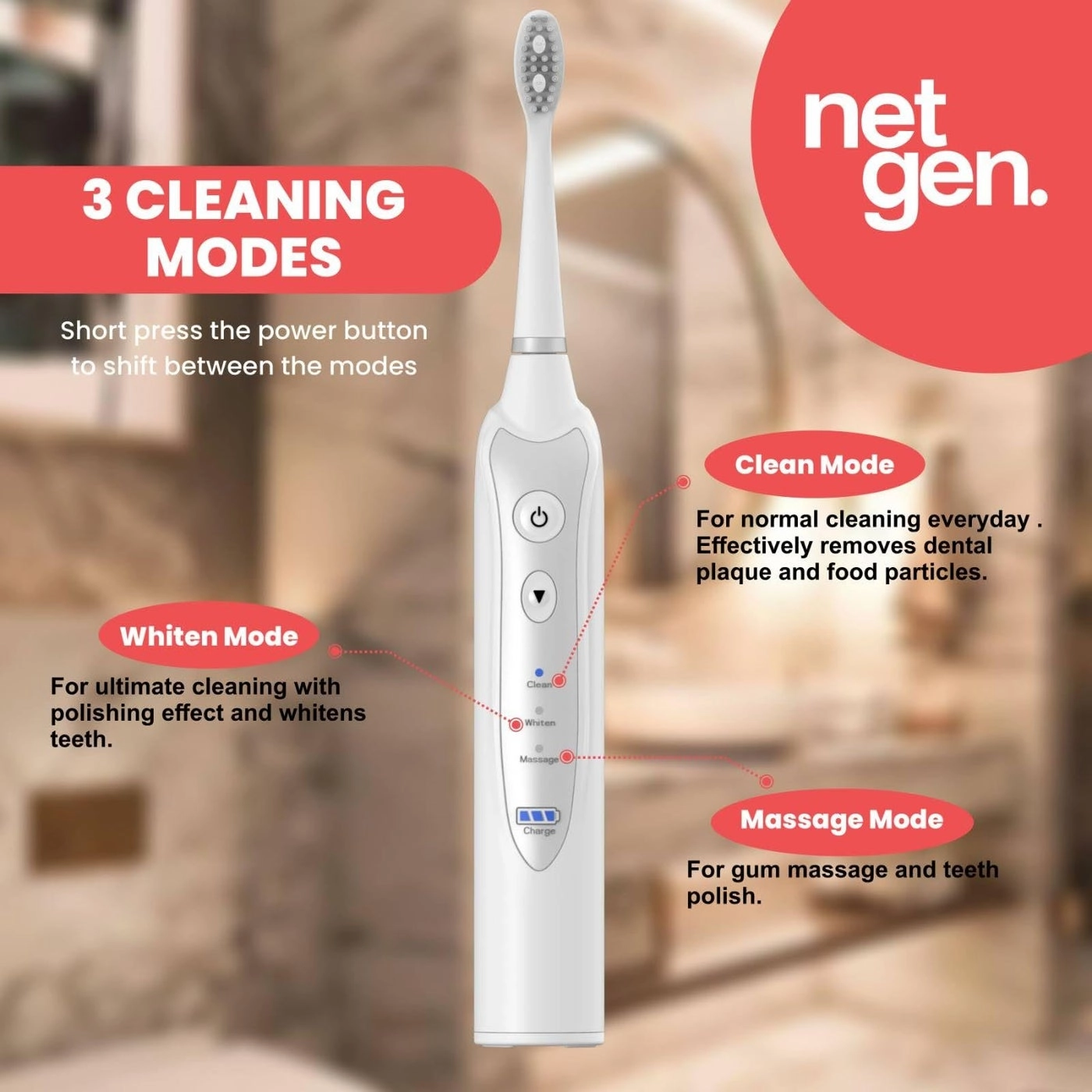 Sonic Toothbrush - 3 Brushing Modes 5 Replacement Heads Inductive Charging