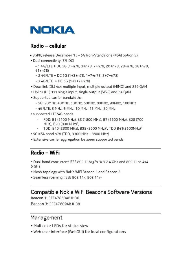FastMile 5G Gateway - IEEE 802.11b/g/n 3x3 2.4 GHz and 802.11ac 4x4 5 GHz